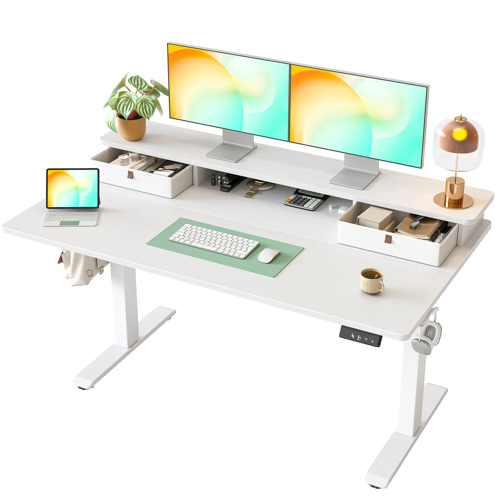 TIQLAB Standing Desk with Two Drawers, Stand Up Standing Desk Adjustable Height, Electric Sit Stand Table with Storage Shelf and Splice Board, with LED Light, 55 * 28 inch, Maple