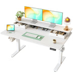TIQLAB Standing Desk with Two Drawers, Stand Up Standing Desk Adjustable Height, Electric Sit Stand Table with Storage Shelf and Splice Board, with LED Light, 55 * 28 inch, Maple