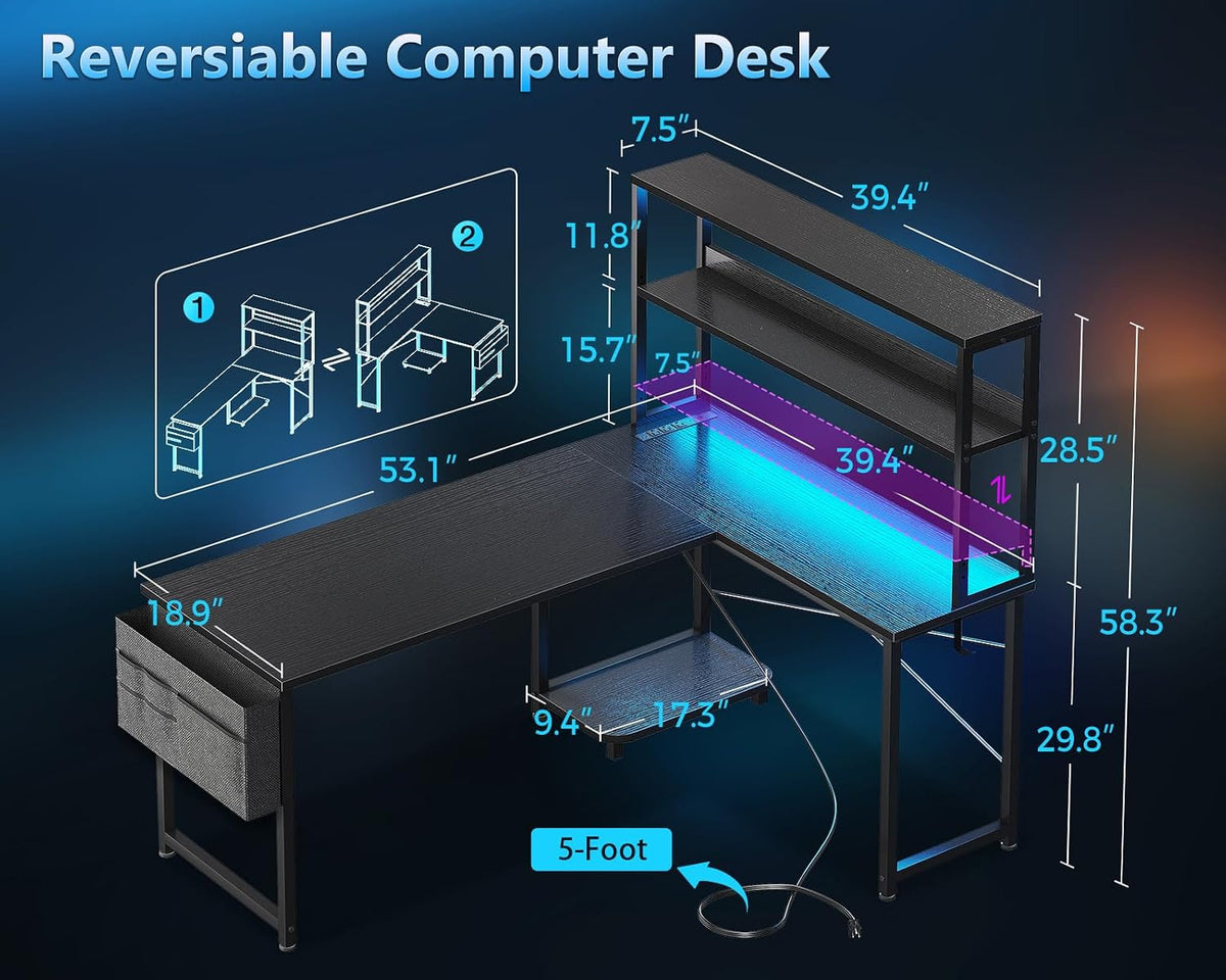 Casaottima L Shaped Gaming Desk with Hutch & Power Outlet & LED Lights