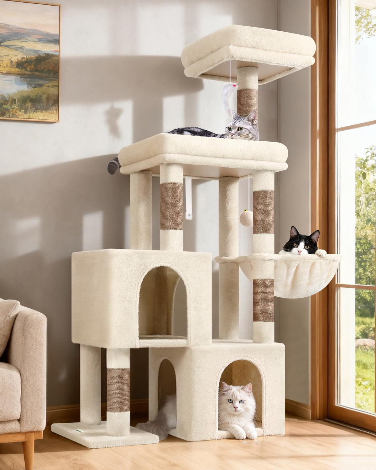 Globlazer 52in Cat Tree Tower for Indoor Cats, 2 Condos, S52, Light Grey
