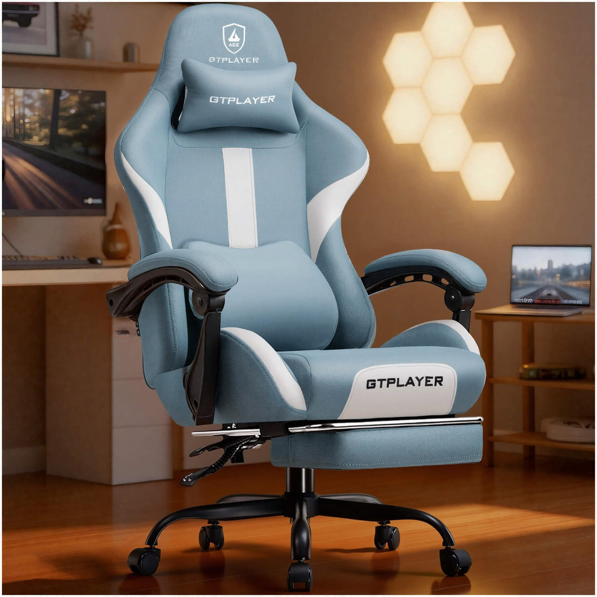 GTPLAYER Gaming Chair with Foot Rest & Pocket Spring Cushion, Ergonomic High Back Computer Desk Chair with Headrest & Lumbar Support for Back Pain Relief, Breathable Fabric, Mist-Blue