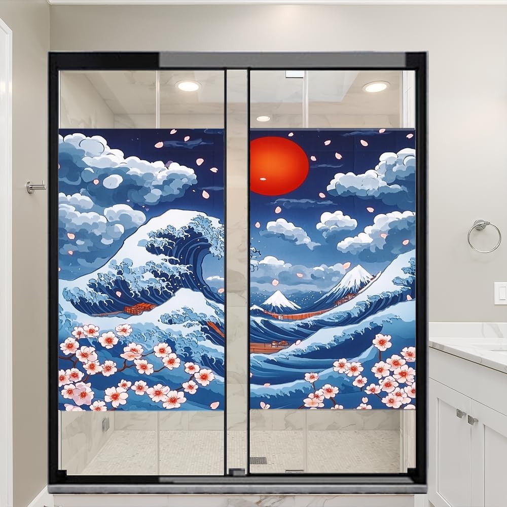 Ocean Waves Cherry Blossoms Window Privacy Film 31.5Wx47.2L inch x 2pcs