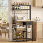 30" Kitchen Small Bakers Rack with Power Outlet & LED Light, 6-Tier Microwave Stand with Storage Drawer, Coffee Bar Shelf with 8 S-Shaped Hooks, Metal Kitchen Storage Shelf, Rustic Brown