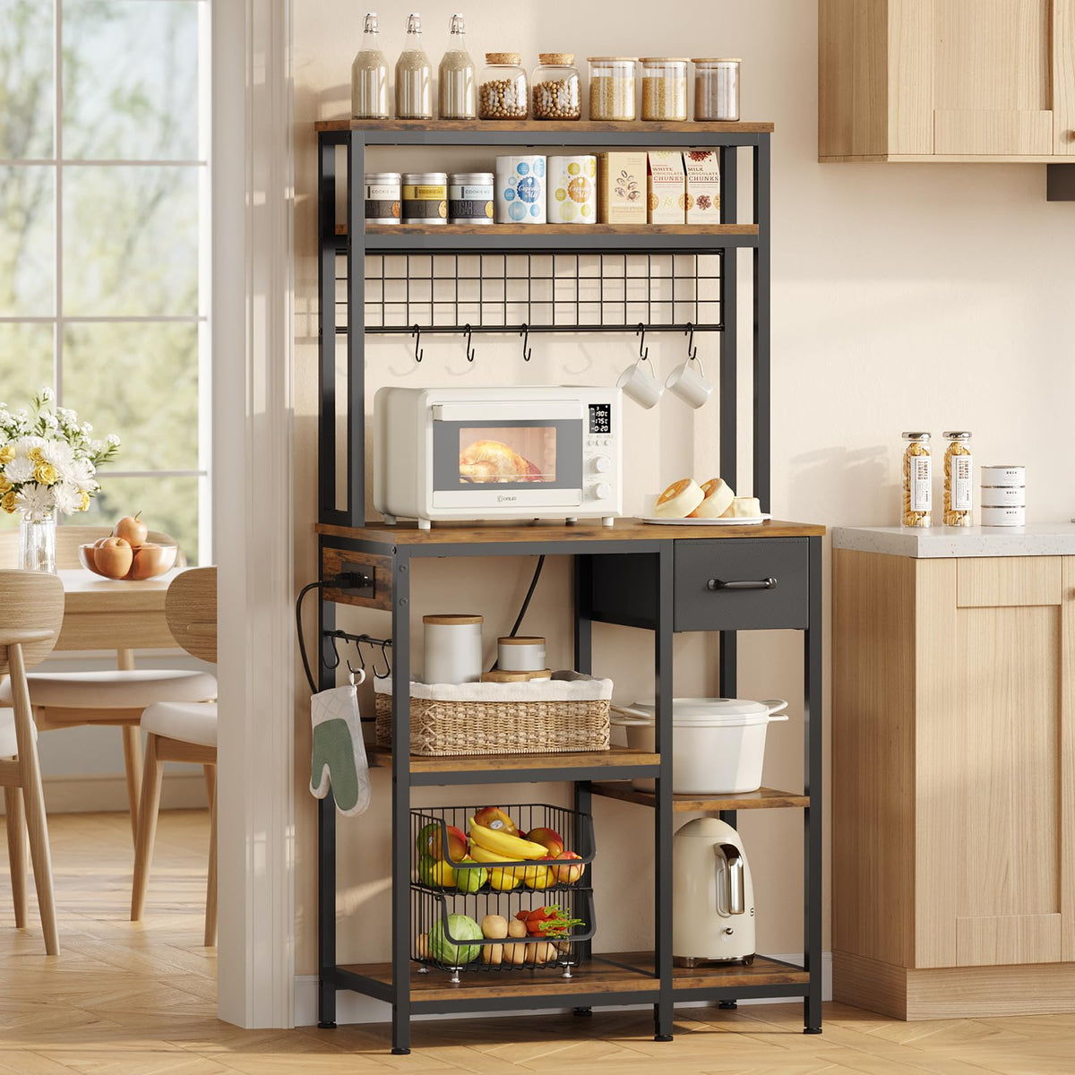 30" Kitchen Small Bakers Rack with Power Outlet & LED Light, 6-Tier Microwave Stand with Storage Drawer, Coffee Bar Shelf with 8 S-Shaped Hooks, Metal Kitchen Storage Shelf, Rustic Brown
