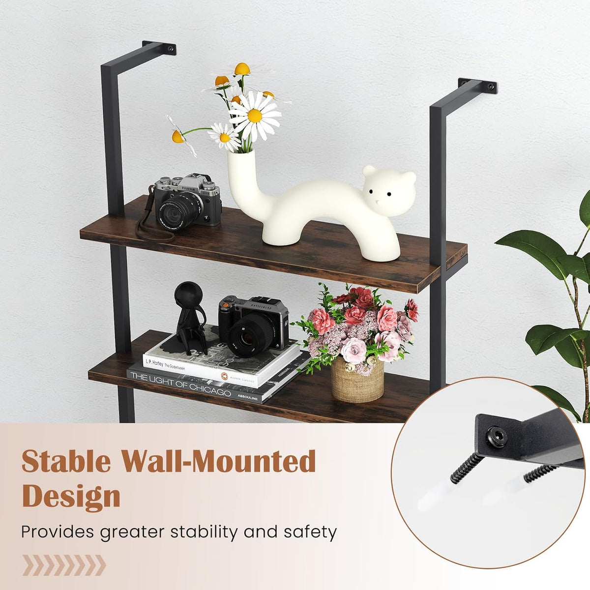 GIANTEX 6-Tier Ladder Shelf, 72" Wall Mounted Bookshelf with Metal Frame, Industrial Open Storage Shelves, Wooden Bookcase Display Rack for Living Room, Home Office, Bedroom (2,Rustic Brown)