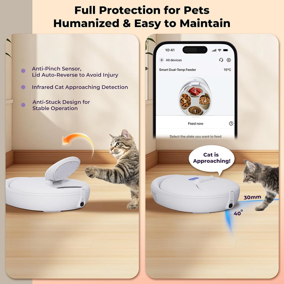 Smart Automatic Cat Feeder with Cooling & Heating, APP Control Dual-Temp Feeder for Wet/Dry/Raw Food, 24H Freshness, 4-Grid Tray, Anti-Pinch for Cats & Small Dogs (4.5-22Lb)