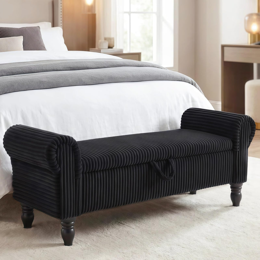 55" Corduroy Storage Ottoman Bench, Queen Bed, Grey