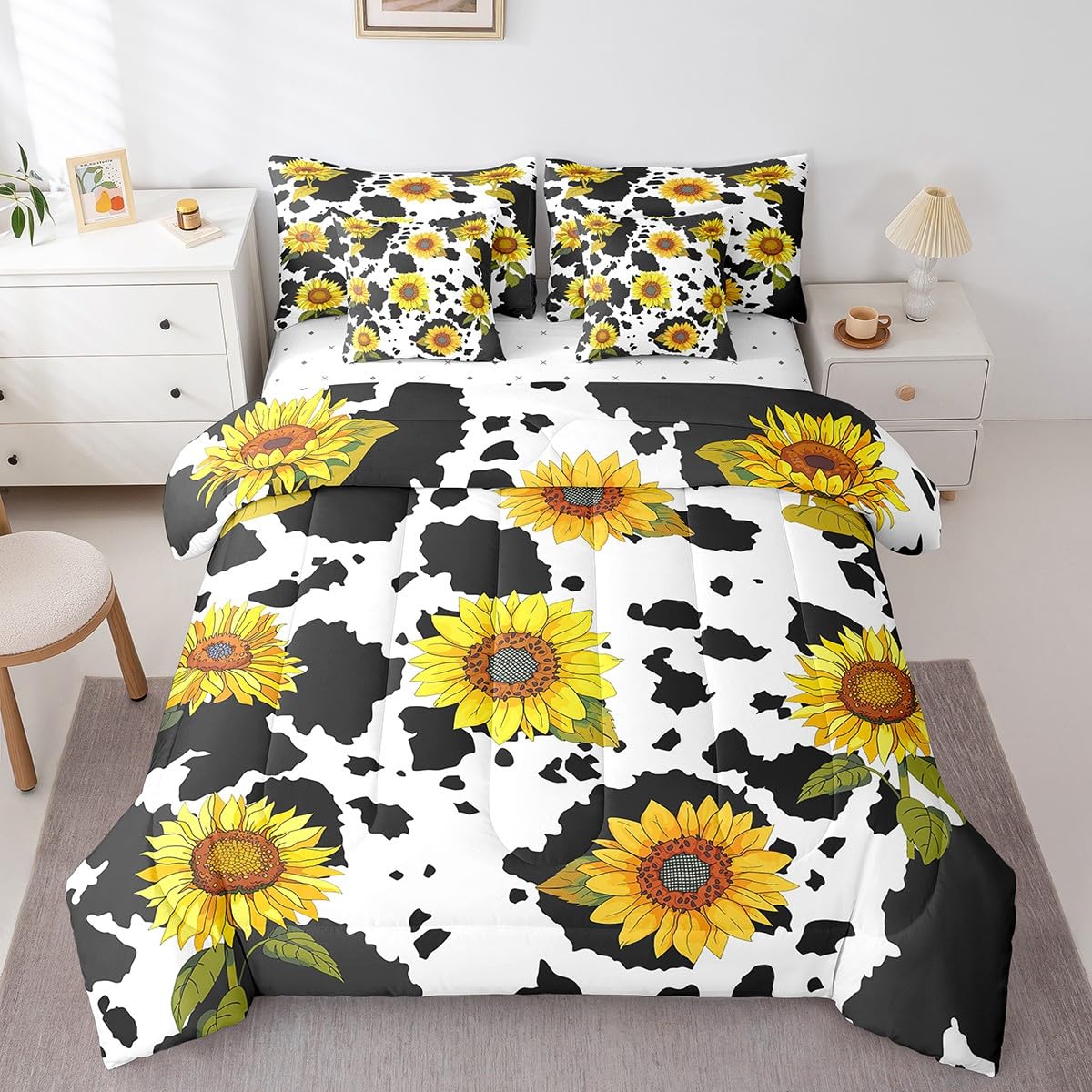 Erosebridal Brown Cow Print King Comforter Set 7 Piece, Simulated Black Cowhide Western Farmhouse Bedding Sets with Sheets, Rustic Highland Cow Skin Bed in a Bag with Fitted Flat Sheet, Pillowcases