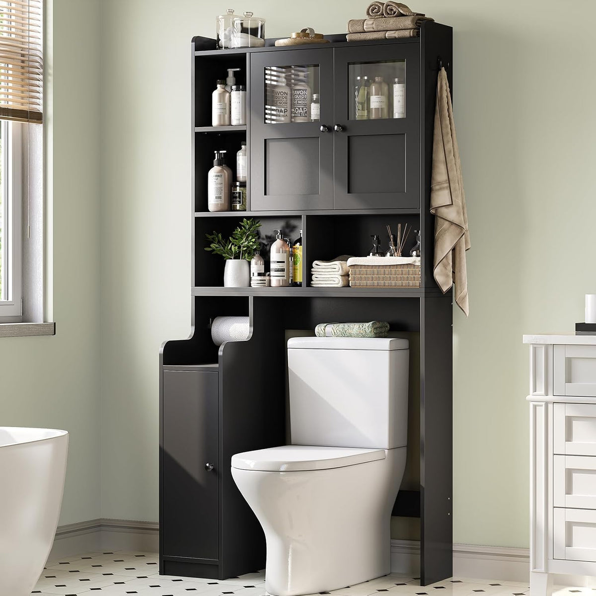 Itaar Over The Toilet Storage Cabinet, Over Toilet Bathroom Organizer with Glass Doors & Toilet Paper Holder Stand, Home Space-Saving Toilet Rack, for Bathroom, Restroom, Laundry(Black)
