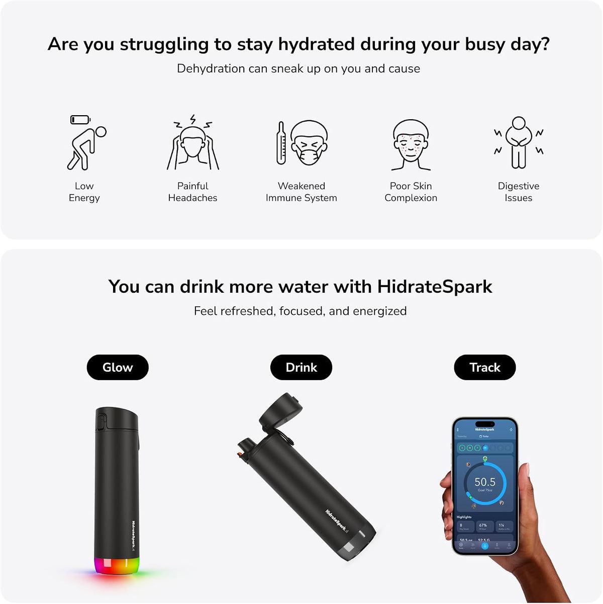 Hidrate Spark PRO Smart Water Bottle - Tracks Water Intake & Glows to Remind You to Stay Hydrated, Chug & Straw lid, 21oz (Black)
