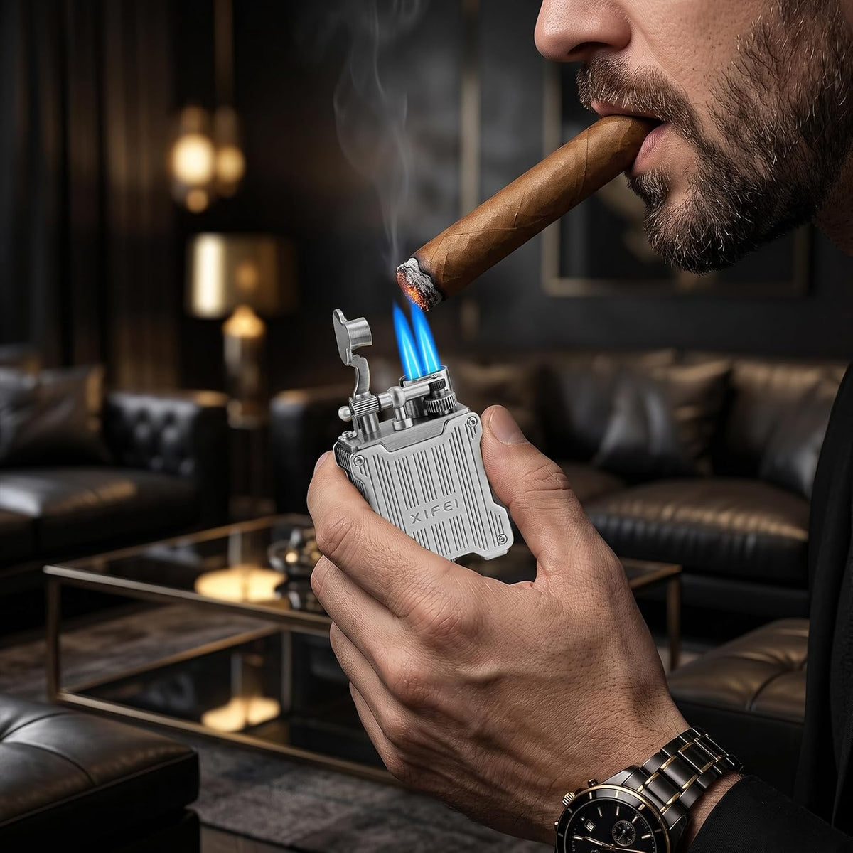 XIFEI Classic Flint-Wheel Cigar Lighter, Adjustable Dual Jet Flame