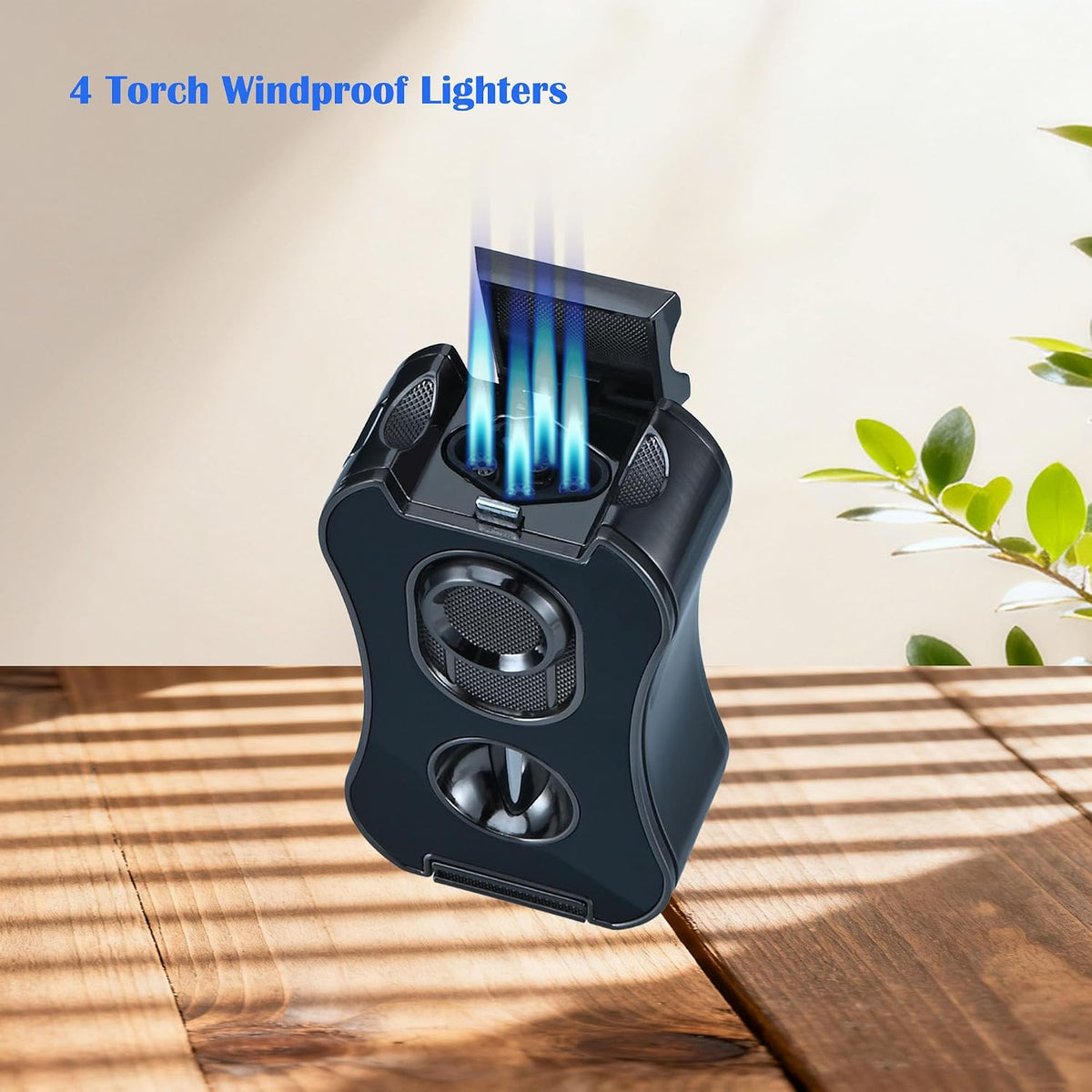 Large Lighter,Refillable Butane Torch Lighter with Built-in Holder and 4 Jet Flame - All-in-1 Tool lighters for Men（Without Butane）