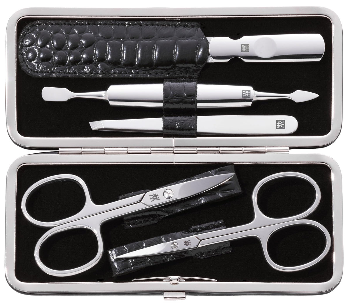 ZWILLING Manicure Set (5 piece, for fingernail and toenail care, genuine leather case with metal frame), Polished Stainless Steel, Crocodile Edition, Black