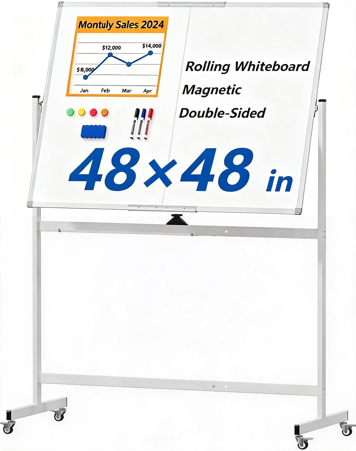 40x28 Inch Rolling Whiteboard with Stand, Double Sided Reversible Mobile Dry Erase Board on Wheels, Aluminum Frame Portable Easel White Board for Office, Classroom, Home