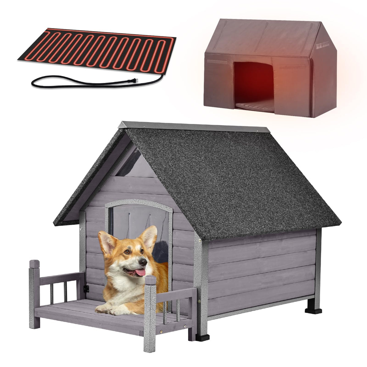 Dog House with Insulated Liner, Waterproof Dog Kennel for Small to Medium Size Dogs, Outdoor Doghouse 100% Insulated Puppy Shelter with Elevated Floor for Winter (Brown-Heated, Medium)
