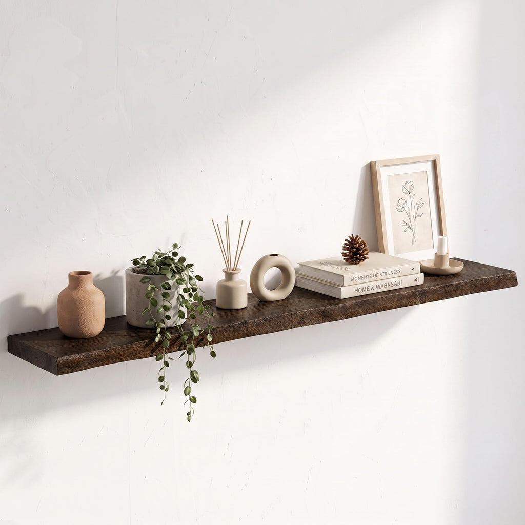 Live Edge Elm Floating Shelves - 24 In Rustic Solid Wood Shelves with Heavy-Duty Invisible Bracket, Wall-Mounted Wooden Shelf for Living Room, Bathroom, Kitchen Storage & Display, Set of 2, Natural