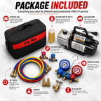 XtremepowerUS 3CFM 1/4HP Vacuum Pump HVAC R134a, R12, R22, R410a, A/C Refrigeration R134 Can Tap Adapter, R134 Quick Connector AC Manifold Gauge Air Conditioner Oil Bottle w/Bag