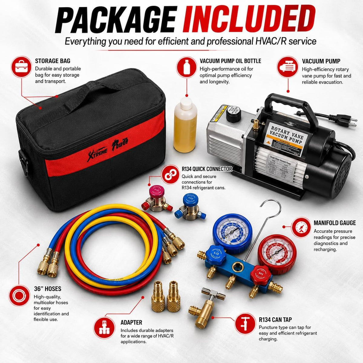 XtremepowerUS 3CFM 1/4HP Vacuum Pump HVAC R134a, R12, R22, R410a, A/C Refrigeration R134 Can Tap Adapter, R134 Quick Connector AC Manifold Gauge Air Conditioner Oil Bottle w/Bag