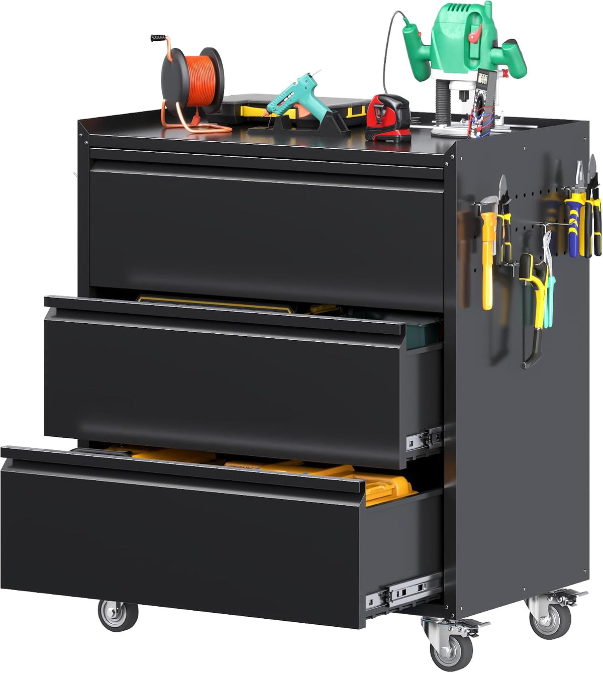 3-Drawer Rolling Tool Chest with Wheels, Pegboard and Push Handle