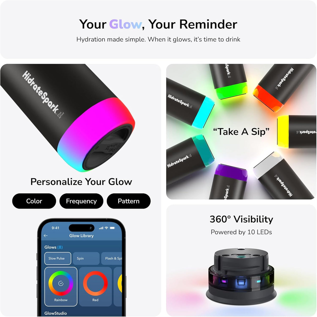 Hidrate Spark PRO Smart Water Bottle - Tracks Water Intake & Glows to Remind You to Stay Hydrated, Chug & Straw lid, 21oz (Black)