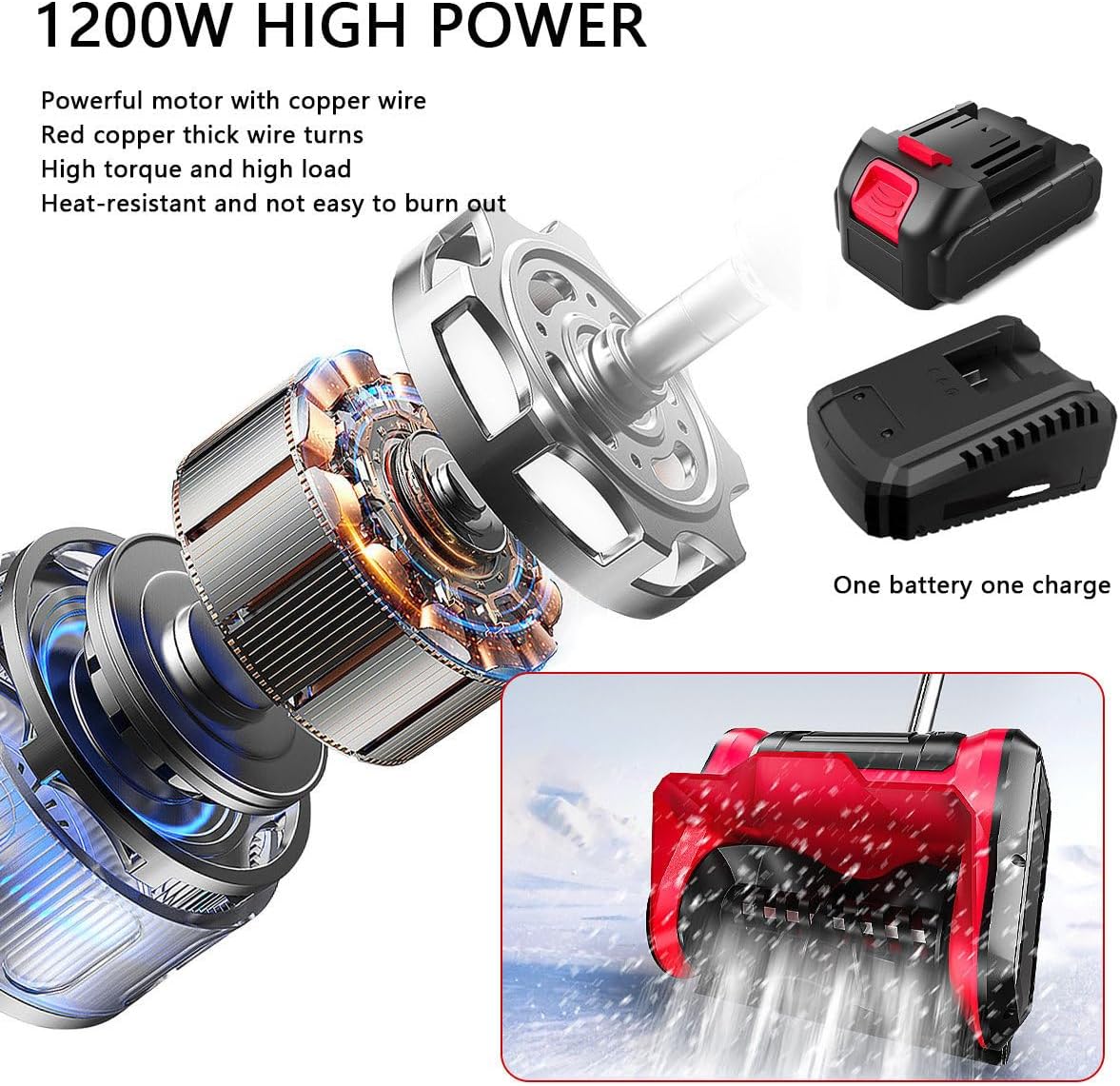 Cordless Electric Snow Shovel - 12.6 Inch, 4Ah Battery Powered Snow Thrower with Adjustable Front Handle - 2200 RPM for Patio, Deck, Driveway