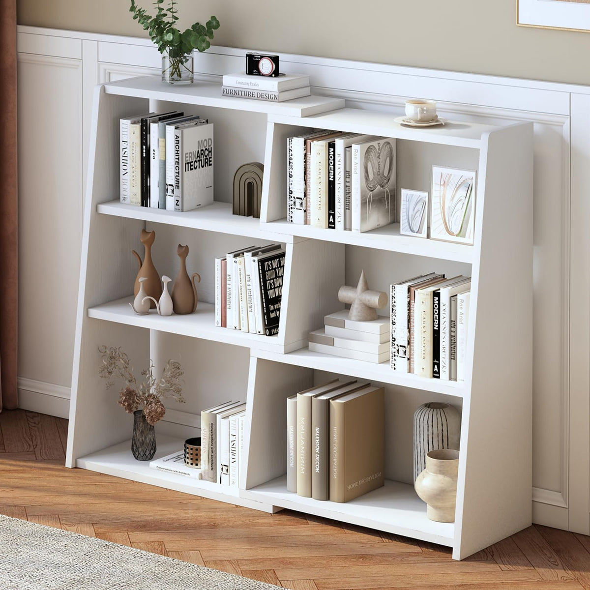 IOTXY Wooden Extendable Shelf Bookcase, 3-Tier Low Bookshelf, Walnut, S