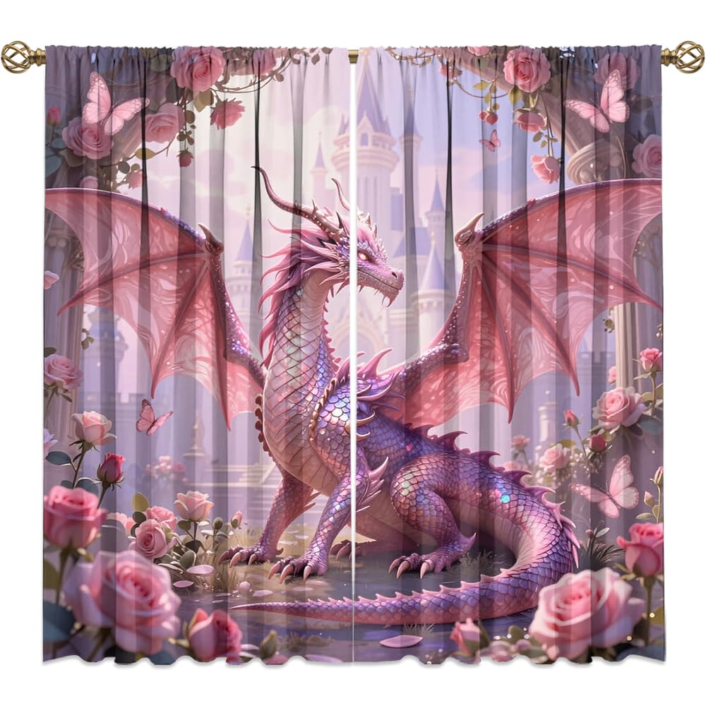 Traditional Ukiyoe Wildlife Dragon Curtains-Dreamy Ancient Japan Architecture Rod Pocket Back Tab Window Drapes,Japanese Samurai Thermal Insulated Blackout Curtain,2pcs,Each 52“W x 96”L