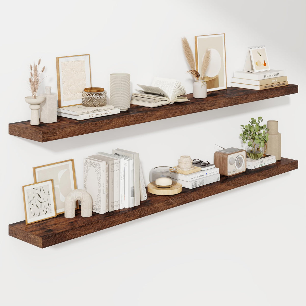 Fun Memories Floating Shelves - 2 Pack 12 Inch Rustic Wooden Wall Shelves - Extra Deeper & Thicker Wall Mounted Storage Shelf for Living Room, Kitchen, Farmhouse - 36" W x 12" D x 1.8" H - Brown