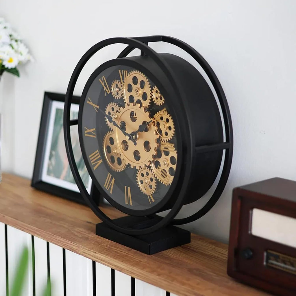 muyika Industrial Gear Table Clock, Black Metal Steampunk Desk Clock