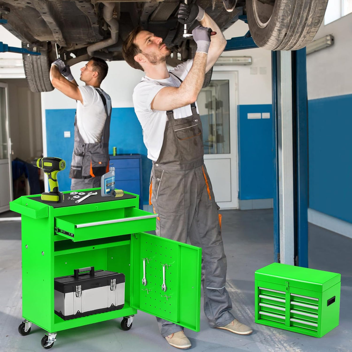 5-Drawer Rolling Tool Chest with Detachable Tool Box, Lockable Wheels, 4 Hooks, and Liner, Heavy-Duty Metal Tool Cart for Garage and Workshop Storage, Green