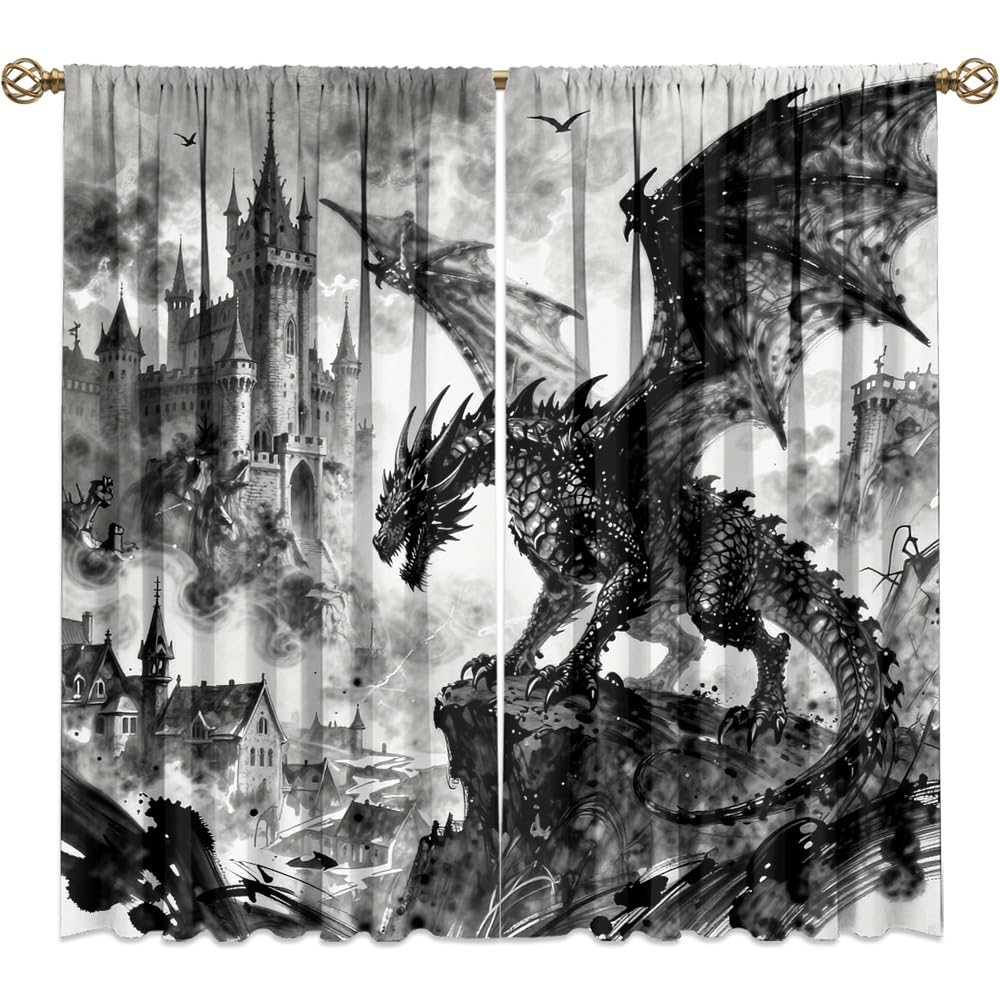 Traditional Ukiyoe Wildlife Dragon Curtains-Dreamy Ancient Japan Architecture Rod Pocket Back Tab Window Drapes,Japanese Samurai Thermal Insulated Blackout Curtain,2pcs,Each 52“W x 96”L