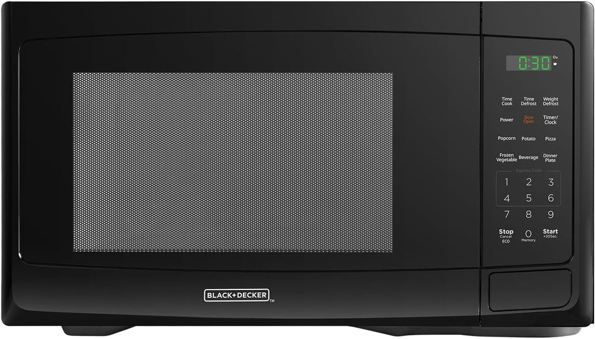 1.1 Cu. Ft. Compact Microwave Oven, 1000W, 10 Power Levels, Stainless Steel & Matte Black, Digital Display, 12 Presets, for Small Kitchens & Everyday Cooking