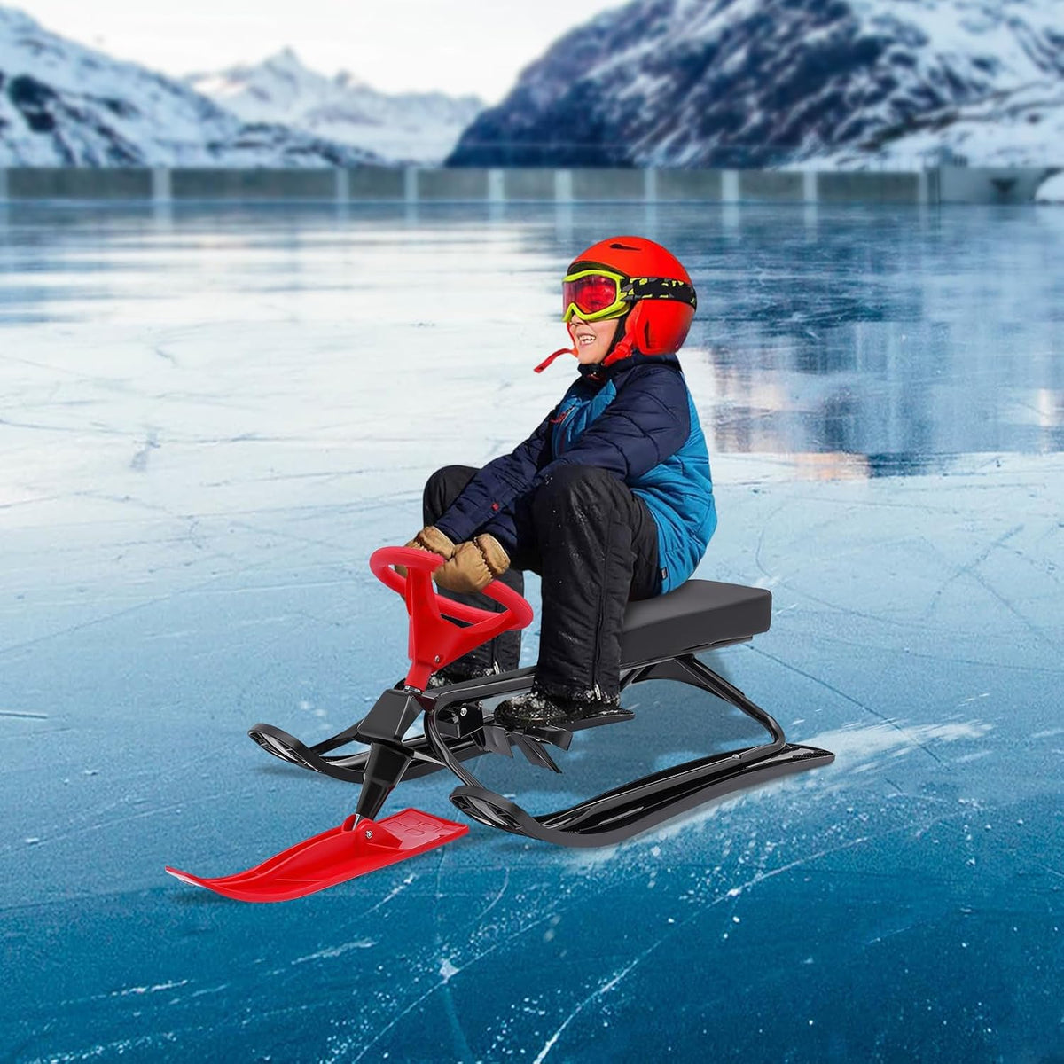 Snow Racer Sled, Ski Sled with Steering Wheel & Twin Brakes, Durable Steel Frame, Great Weight Capacity of 220 LBS, Sled for Kids Age 6 & Up, Teenagers Adult