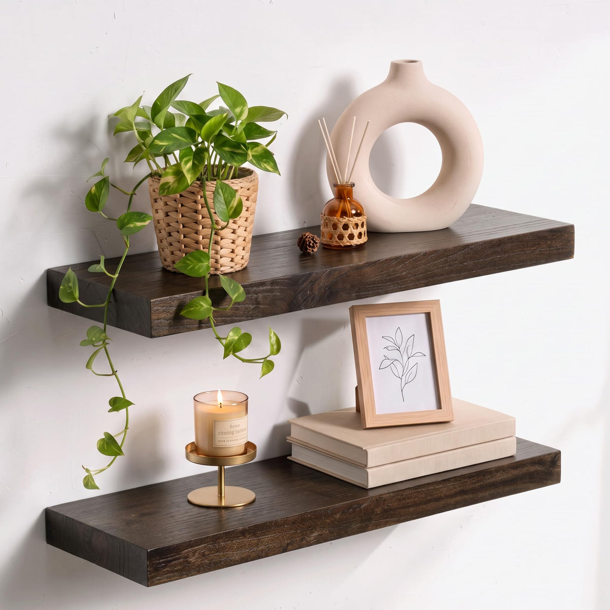 Live Edge Elm Floating Shelves - 24 In Rustic Solid Wood Shelves with Heavy-Duty Invisible Bracket, Wall-Mounted Wooden Shelf for Living Room, Bathroom, Kitchen Storage & Display, Set of 2, Natural