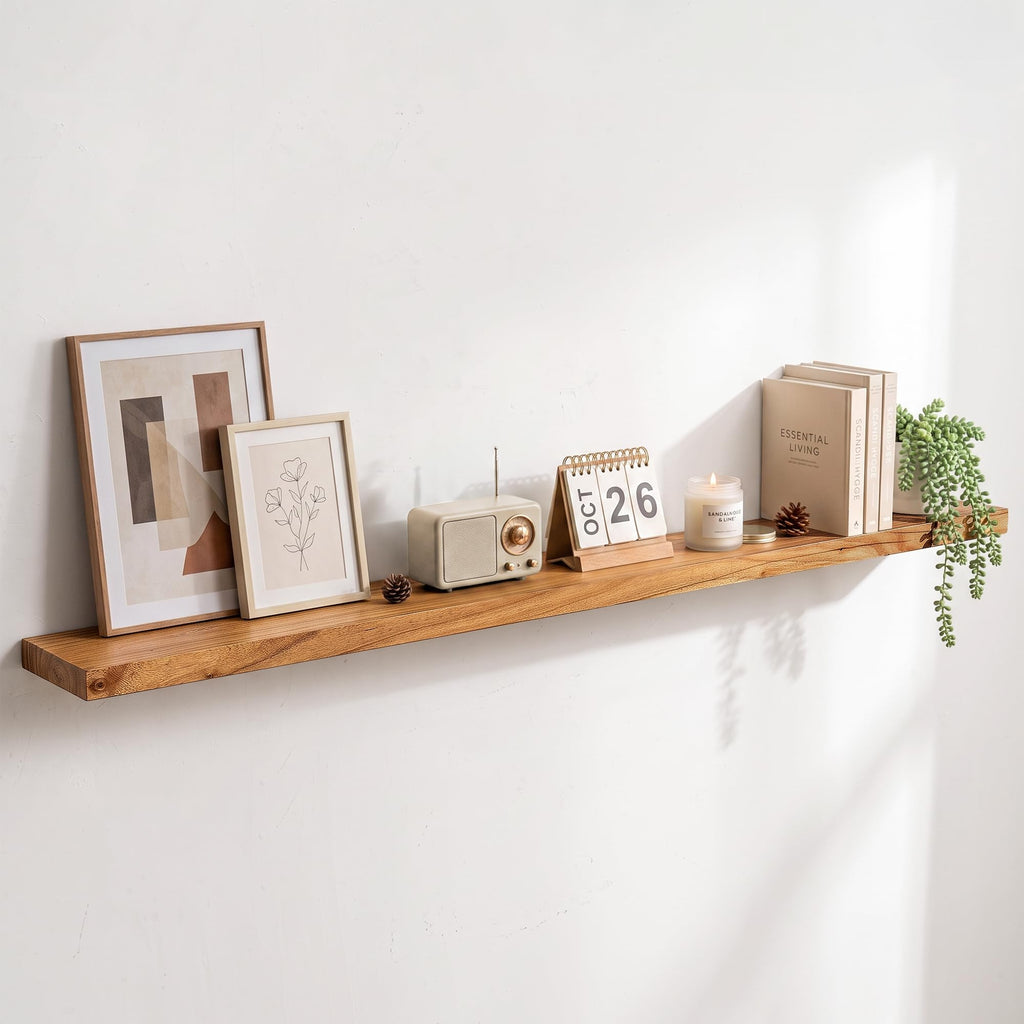Live Edge Elm Floating Shelves - 24 In Rustic Solid Wood Shelves with Heavy-Duty Invisible Bracket, Wall-Mounted Wooden Shelf for Living Room, Bathroom, Kitchen Storage & Display, Set of 2, Natural