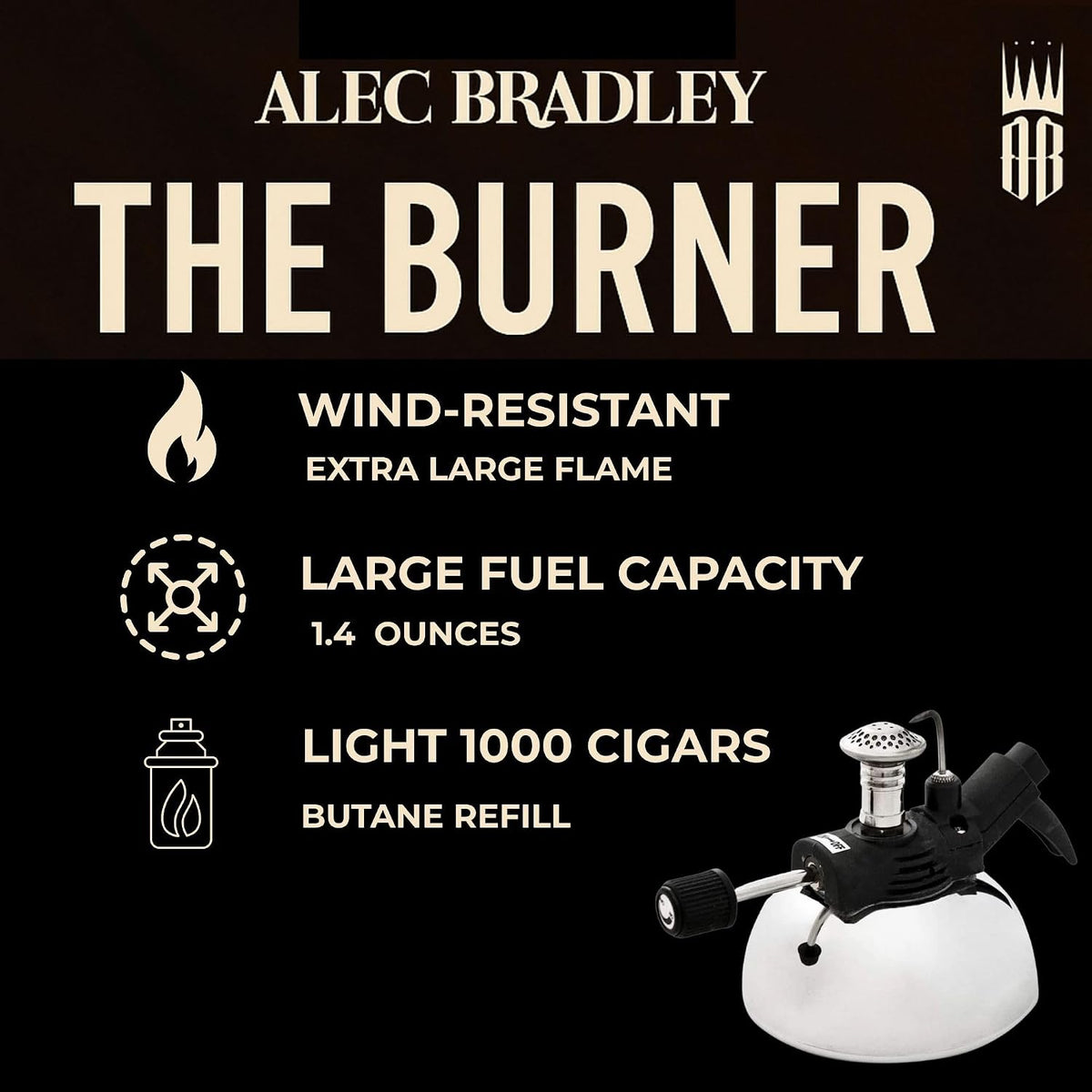 The Burner by ALEC Bradley – Table Cigar Lighter for Tobacco – Wind-Resistant, Butane-Powered, Easy to Use, Large Flame, Lights Up to 1,000 Cigars Before Refill