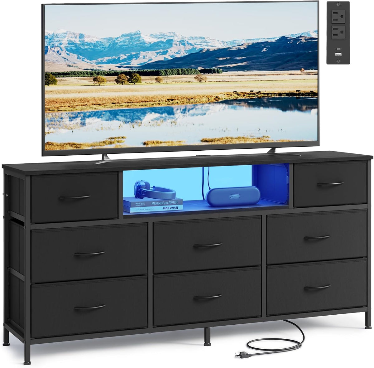SONGMICS Dresser for Bedroom with Outlets & LED Lights, 8 Fabric Drawers