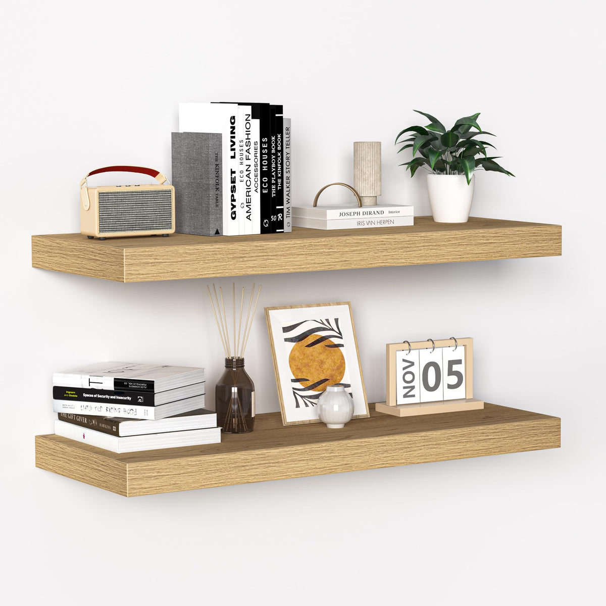 Fun Memories Floating Shelves - 2 Pack 12 Inch Rustic Wooden Wall Shelves - Extra Deeper & Thicker Wall Mounted Storage Shelf for Living Room, Kitchen, Farmhouse - 36" W x 12" D x 1.8" H - Brown