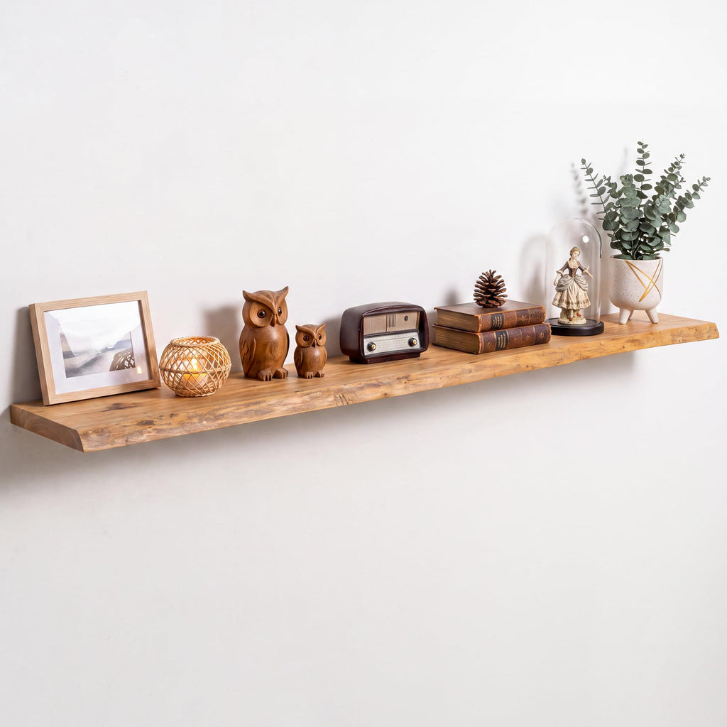 Live Edge Elm Floating Shelves - 24 In Rustic Solid Wood Shelves with Heavy-Duty Invisible Bracket, Wall-Mounted Wooden Shelf for Living Room, Bathroom, Kitchen Storage & Display, Set of 2, Natural