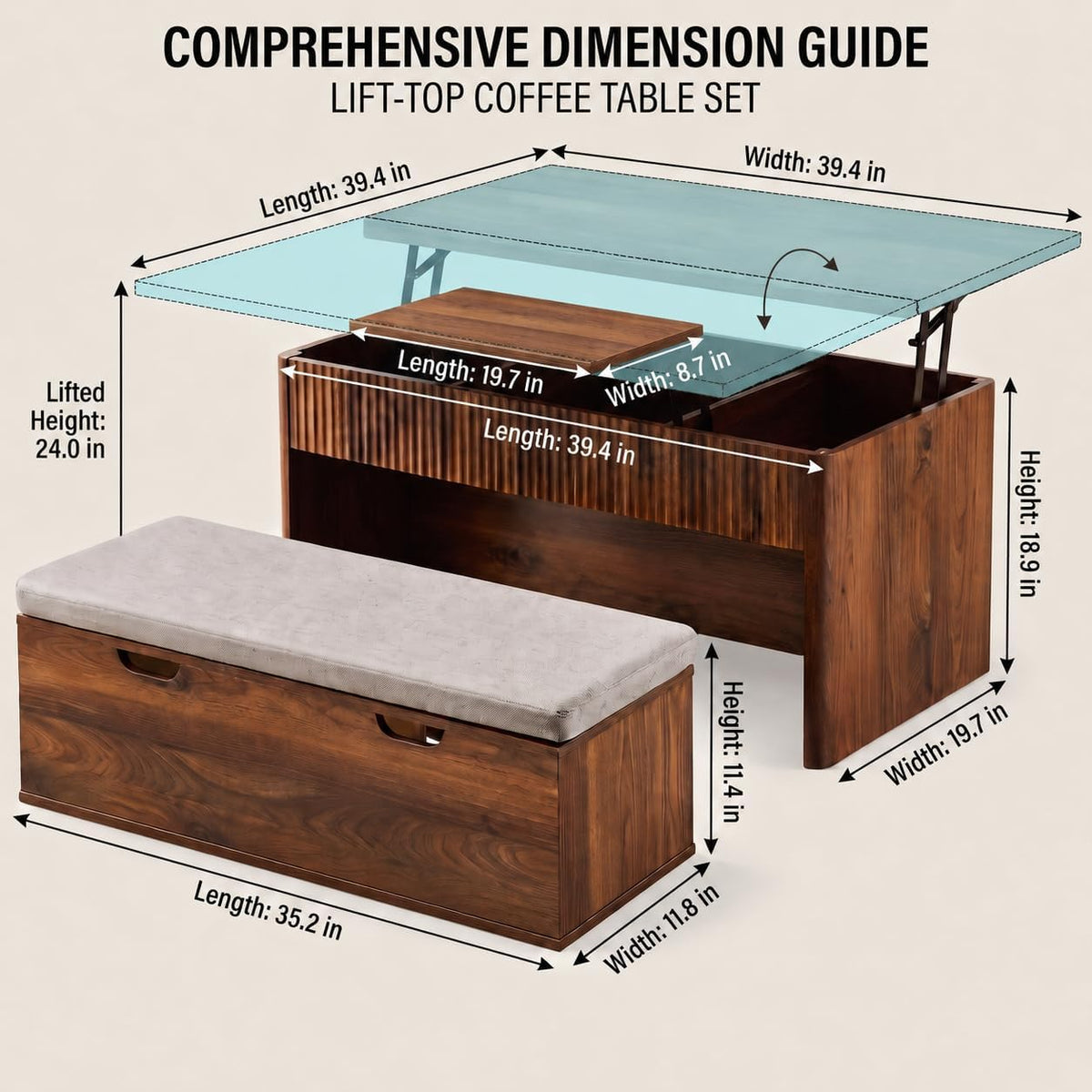 Lift Top Coffee Table with Bench and Storage, 39.4 Inch Convertible Coffee Table Dining Table Set with Hidden Storage, Upholstered Bench, Dual Lift Top for Living Room, Apartment, Walnut