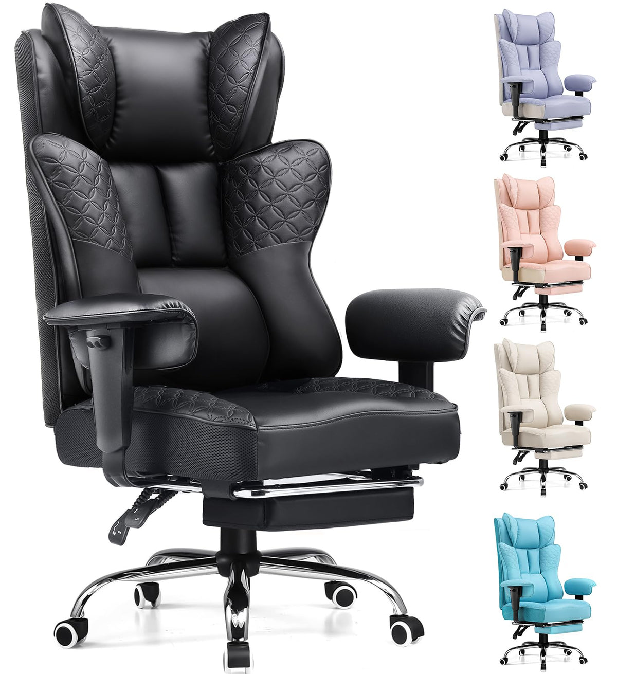 GTPLAYER Big and Tall Office Chair Wide Ergonomic Gaming Chair with Deluxe Embossing Designed Leather with Foot Rest,150°Reclining Adjustable Soft Armrests Pocket Spring Back Support and Pillow