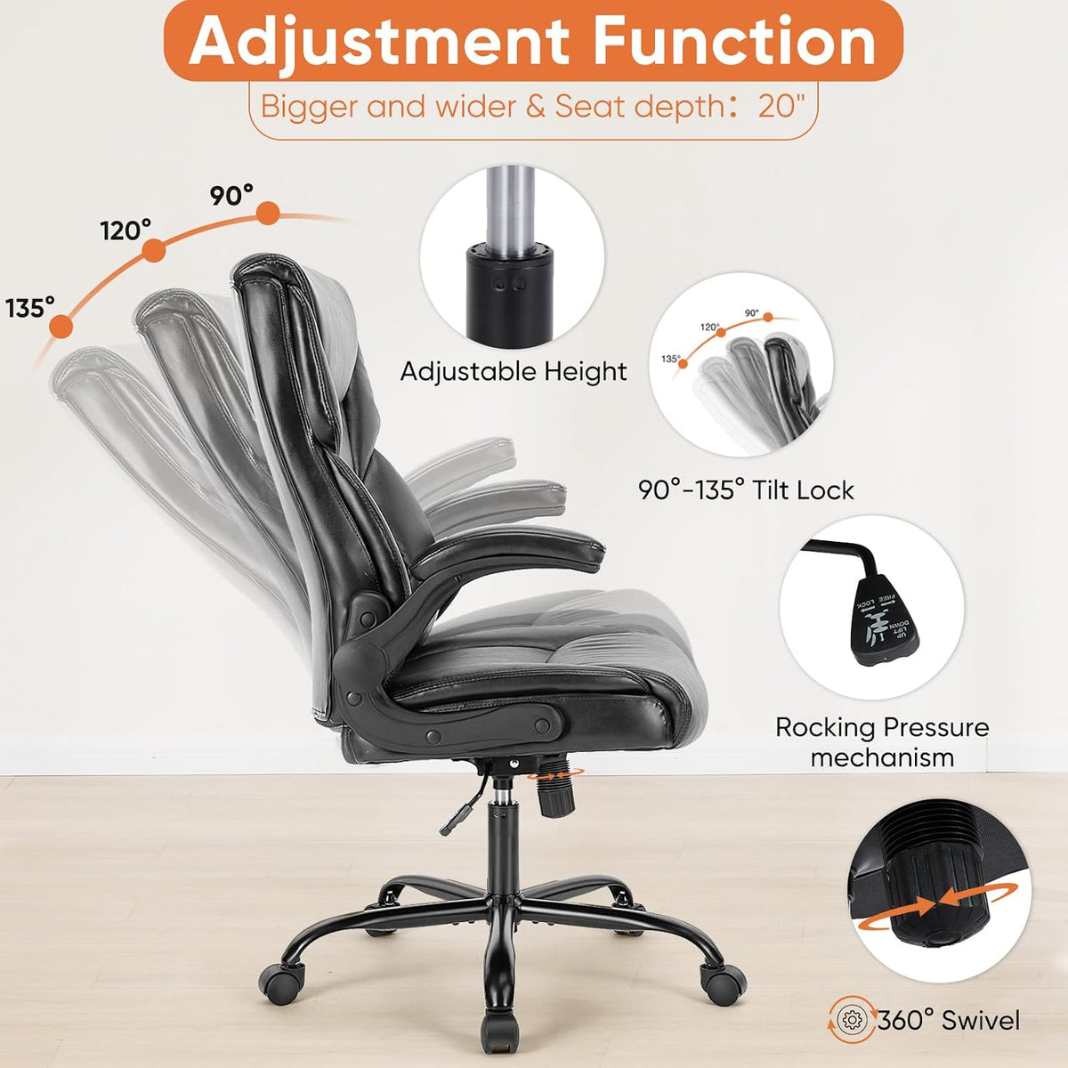 Sweetcrispy Computer Desk Chair, Lumbar Support Video Game Chair PU Leather