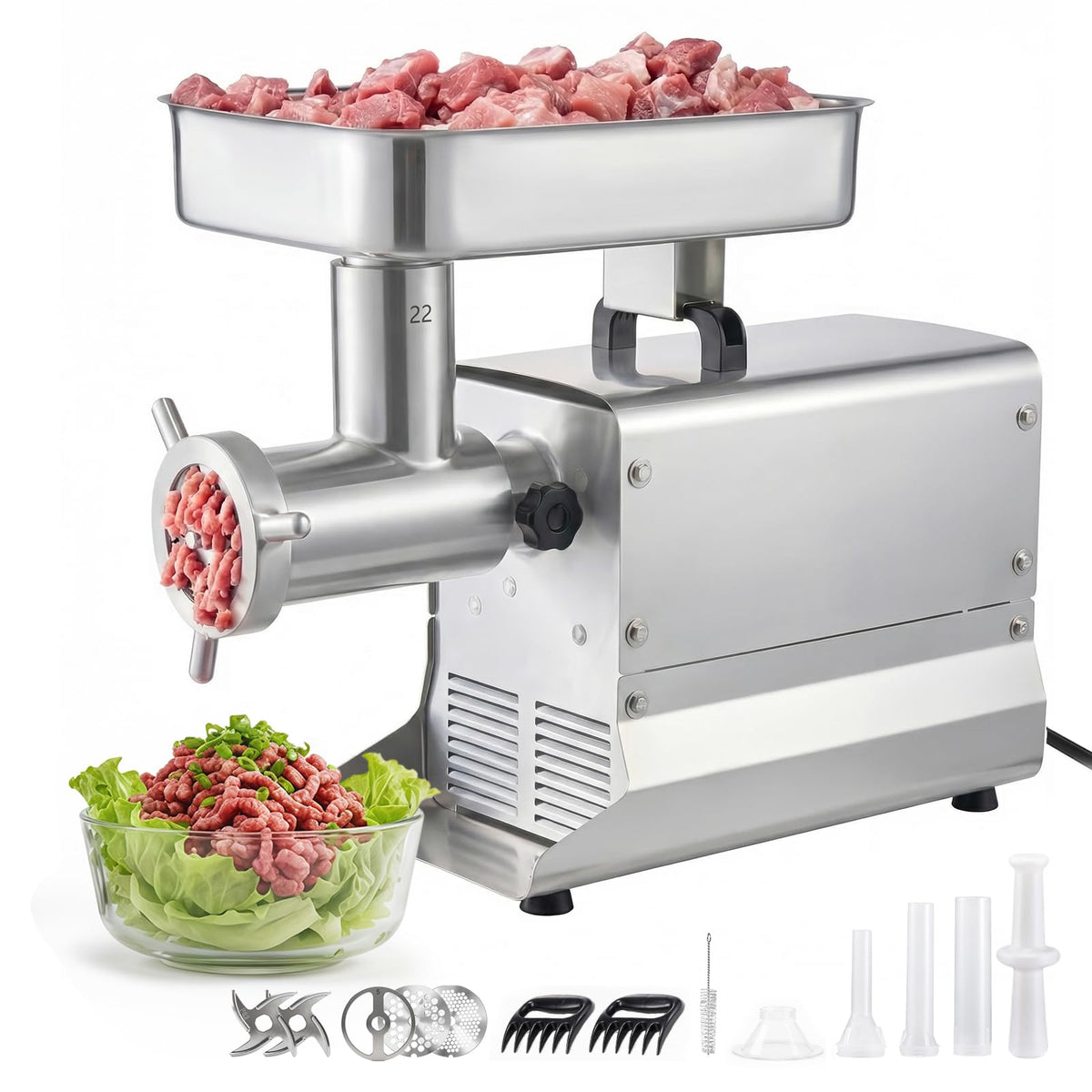 VEVOR Commercial Meat Grinder, 8 Lbs/Min Capacity, #8 Electric Meat Mincer with 3 Plates, 3 Sausage Stuffing Tubes, 350W/0.5HP Stainless Steel Sausage Maker for Home Kitchens & Restaurants, ETL Listed