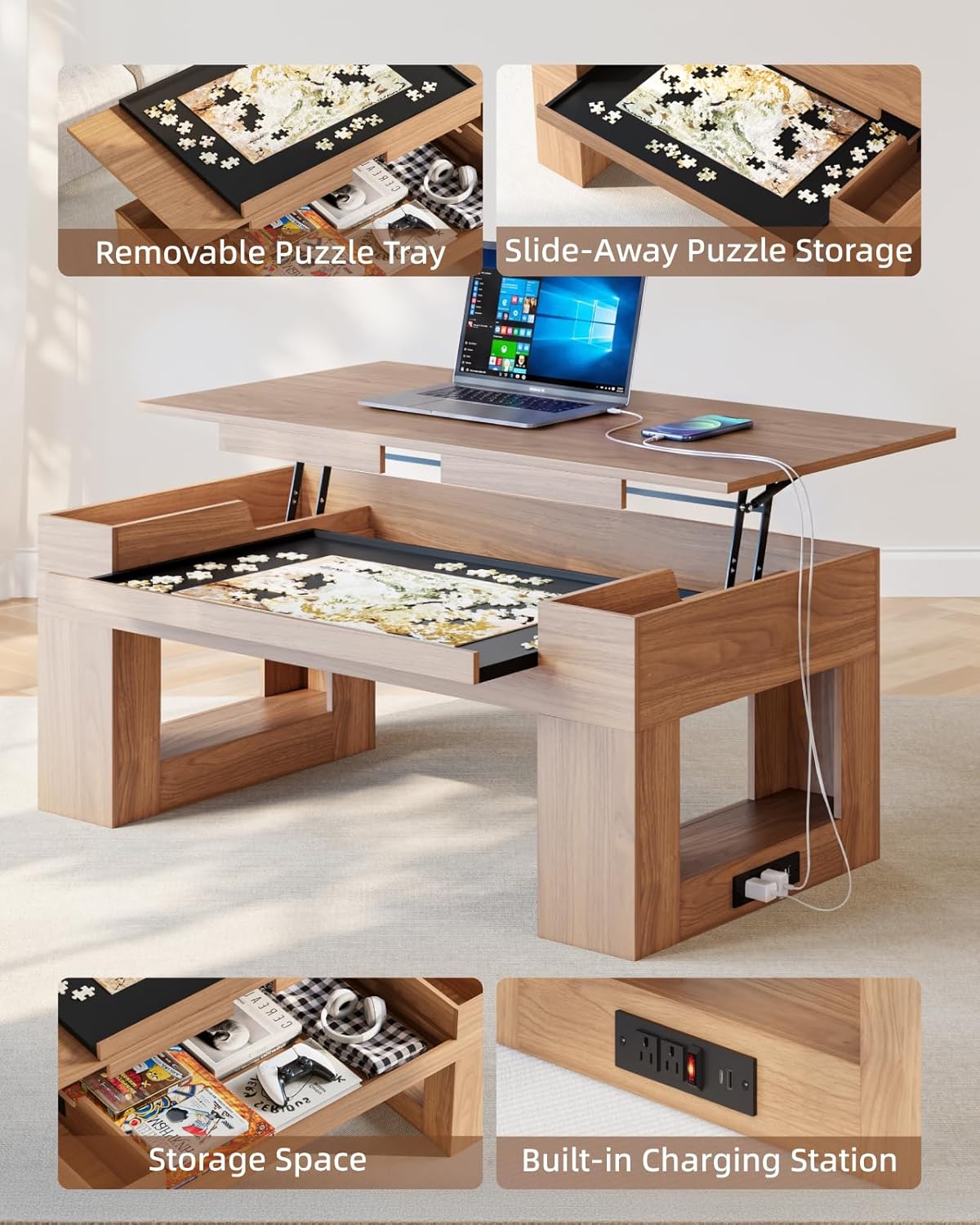 Lift Top Coffee Table with Puzzle Tray, Modern Wood Center Table with Hidden Storage & Charging Station for Living Room, Brown