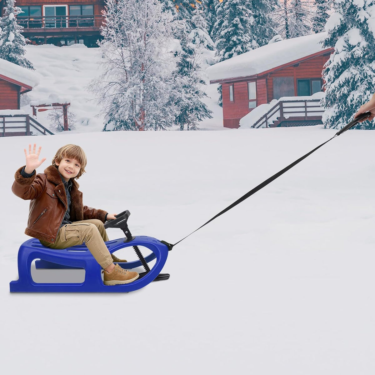 Snow Sled for Kids - Single Rider Winter Sleigh Kids Sled with Pull Rope and Steering Wheel -Outdoor Plastic Winter Sleigh Resistant 220lbs Capacity