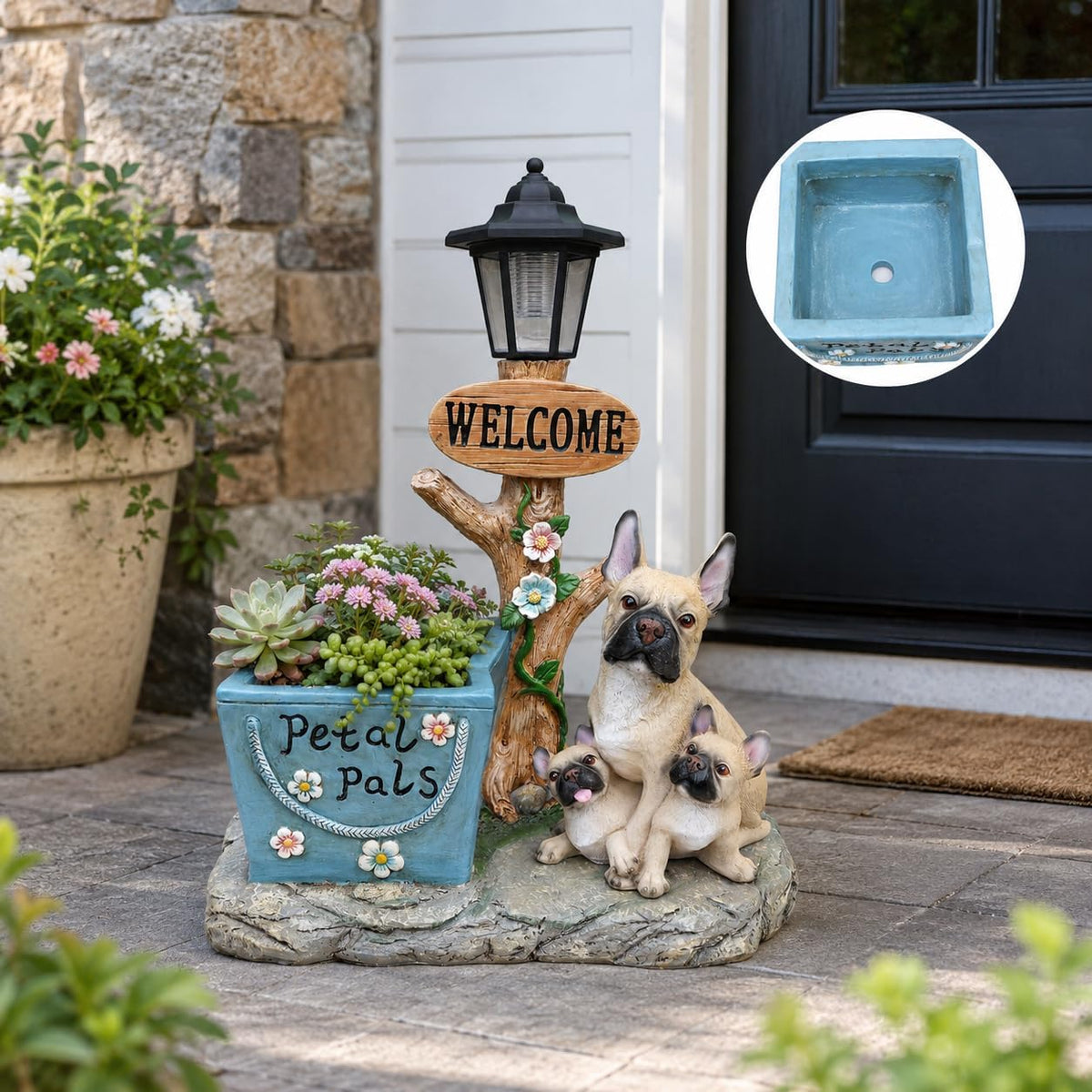 Solar French Bulldog Statue with Welcome Sign & Lantern, 3 Dogs Garden Figurine Planter Pot, Realistic Outdoor LED Light for Porch, Yard Art & Lawn Decor, Unique Gift for Dog Lovers