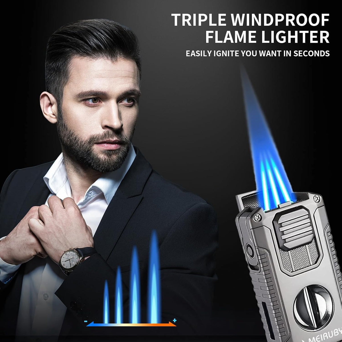 MEIRUBY 5-in-1 Butane Torch Lighter, Refillable Jet Flame Cigar Lighter with V-Cutter, Punch, Holder and Draw Tool, Multi-Functional Cigar Accessories Gift for Men, Dad, Husband, Friend & Cigar Lover