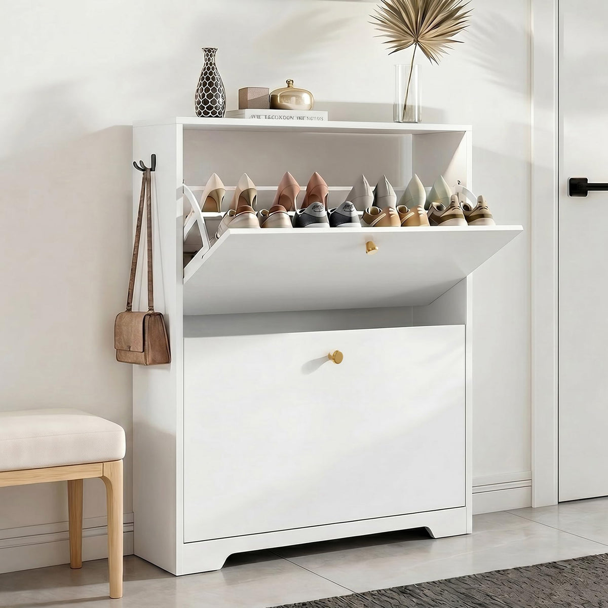 Nicetree Shoe Cabinet with 3 Flip Drawers, Narrow Shoe Organizer Cabinet, Freestanding Shoe Rack Cabinet, Modern Shoe Storage Cabinet for Entryway, Hallway, Foyer, White