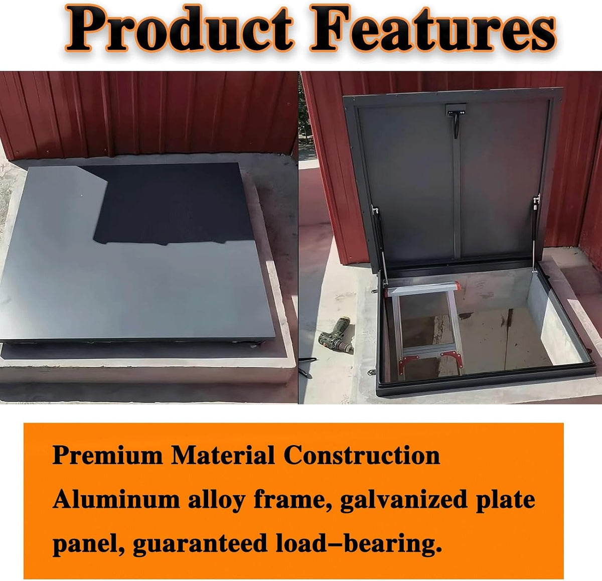 21x22in Roof Hatch, Black 53.3x56cm Attic Skylights Roof Hatch Vent Access Door, with Gas Shock Strut & Handle, Galvanized Roof Hatch, Suitable for Home Industry Commercial