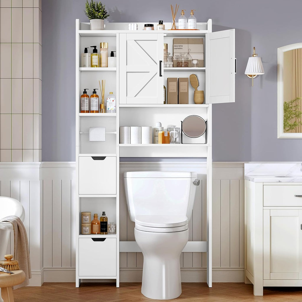 TEENFON Over the Toilet Storage Cabinet with 2 Removable Drawers, Above Toilet Storage Cabinet with 10 Storage Shelves, Taller Wooden Free Standing Bathroom Storage, Laundry Room Storage Shelf, White
